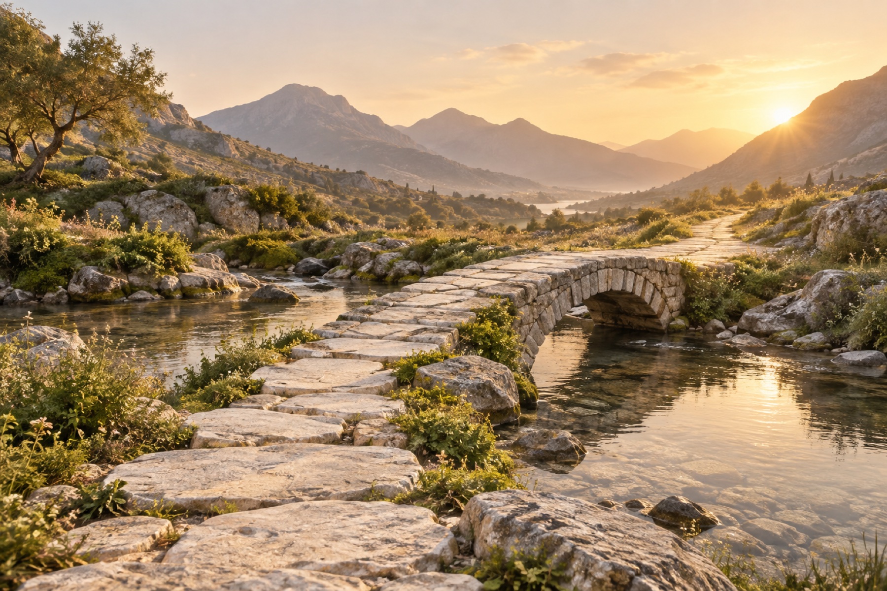 A quiet stone path crossing a stream toward the morning light